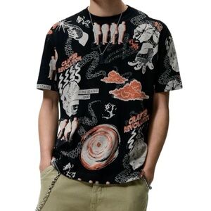 Zara Graphic Tee Medium M Black All Over Print AOP Emo Alt Twilight Zone Street